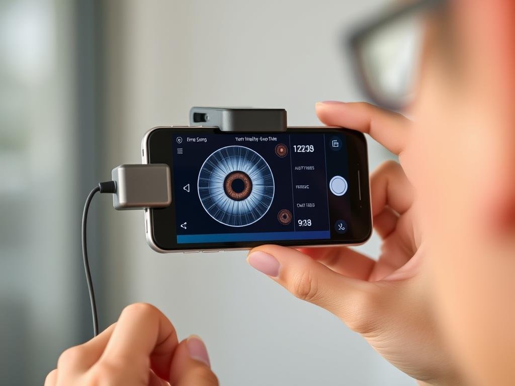 Smartphone with attached iris scanner being used for personal health monitoring