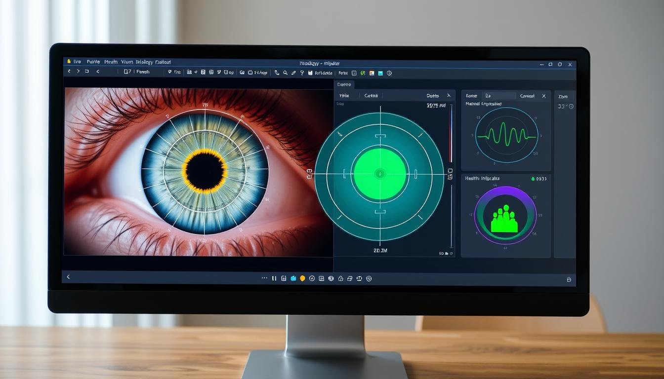 Software interface showing iridology analysis with chart overlay and health indicators