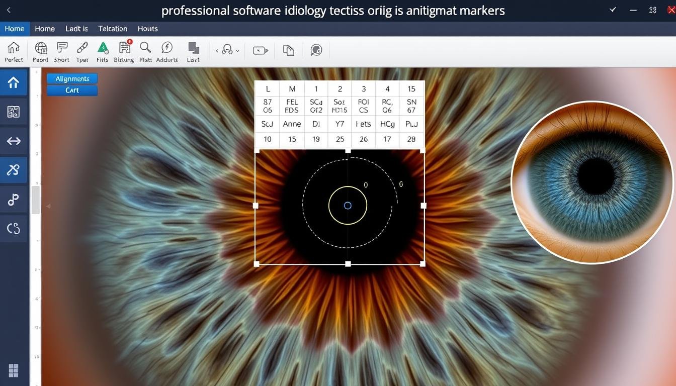 Software interface showing proper alignment of iridology chart with patient's iris photograph
