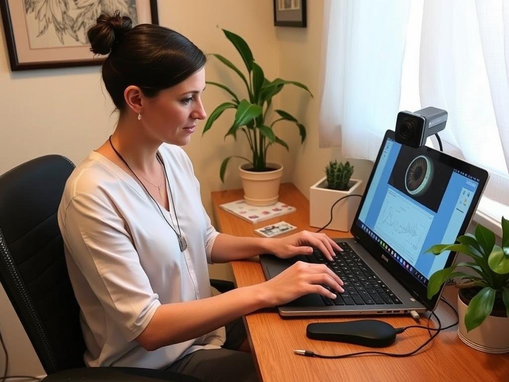 Solo naturopathic practitioner efficiently using iridology software in a small clinic