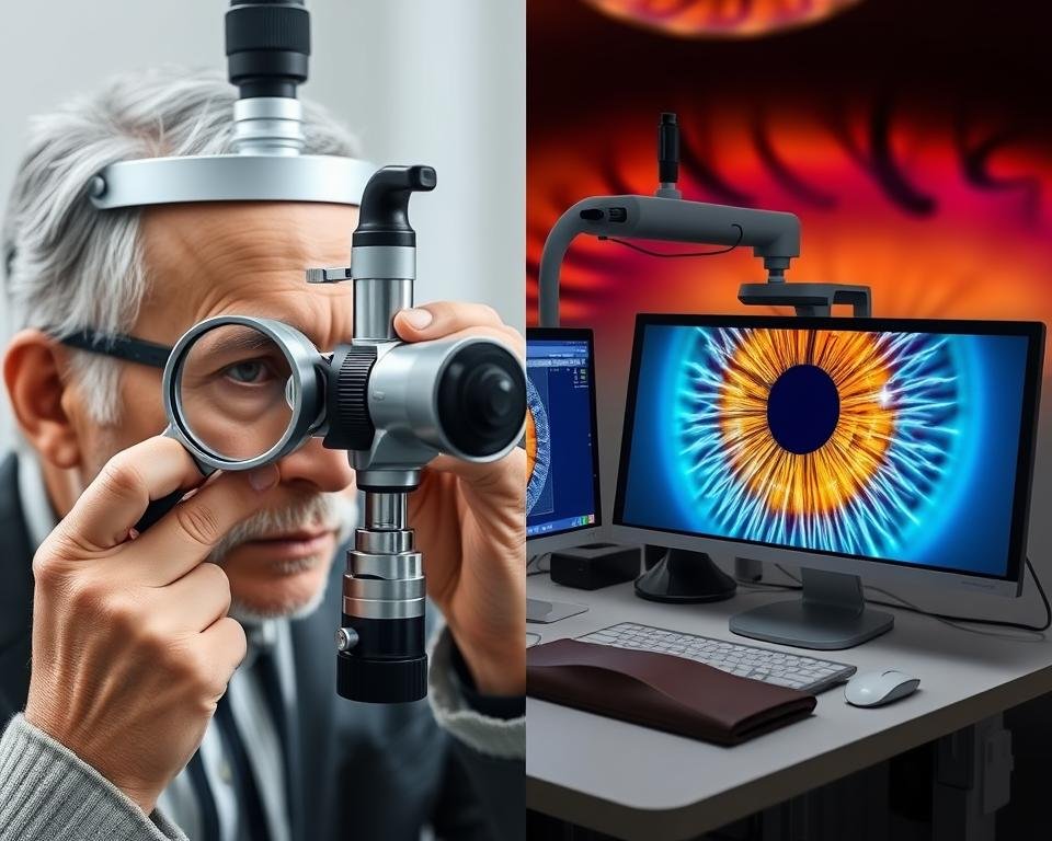 Split image showing traditional iridology examination versus modern digital iridology analysis