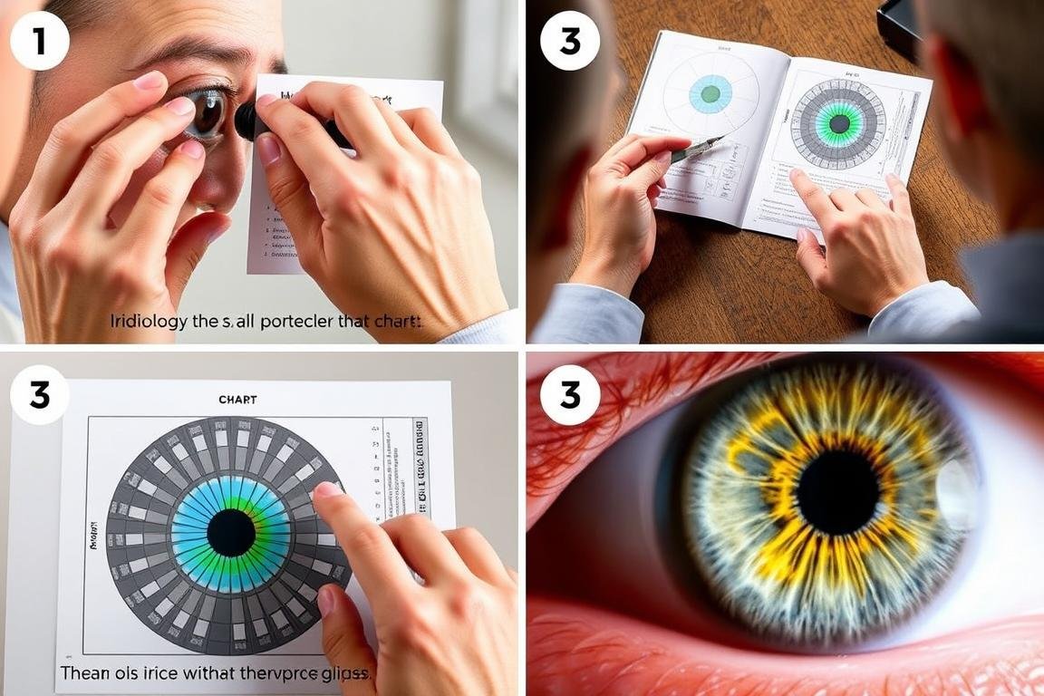 Step-by-step demonstration of using an iridology chart to analyze an iris