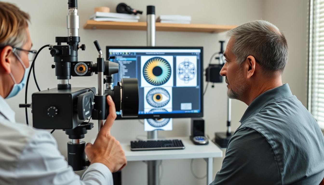 Step-by-step iridology examination process showing equipment and analysis