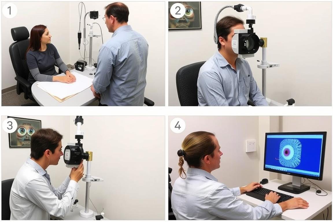 Step-by-step iris examination process with professional equipment