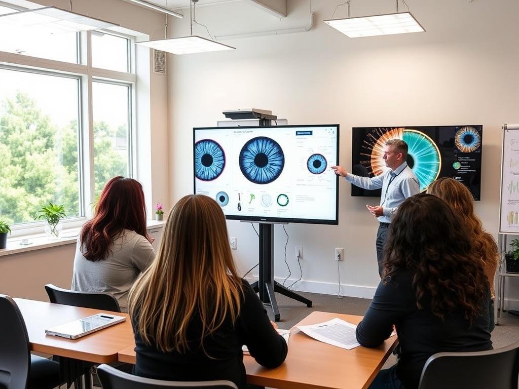 Student iridologists in training examining iris photographs during certification course