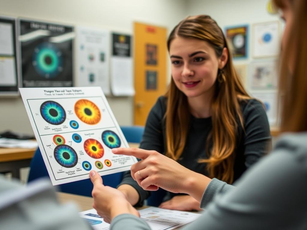 Student learning basic iridology techniques with iris charts and educational materials