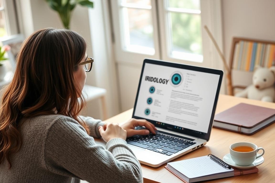 Student learning iridology chart analysis through an online course on a laptop