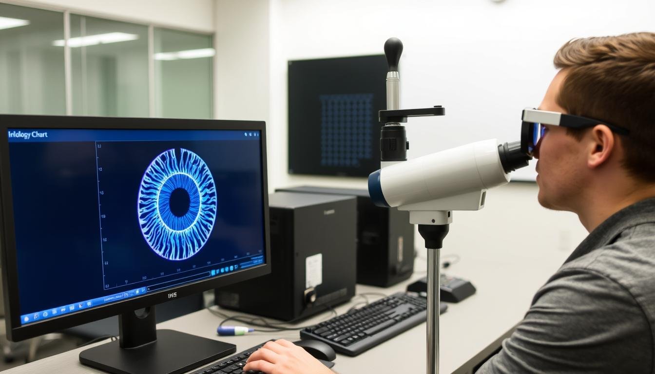 Student practicing iridology chart analysis with a digital iris camera