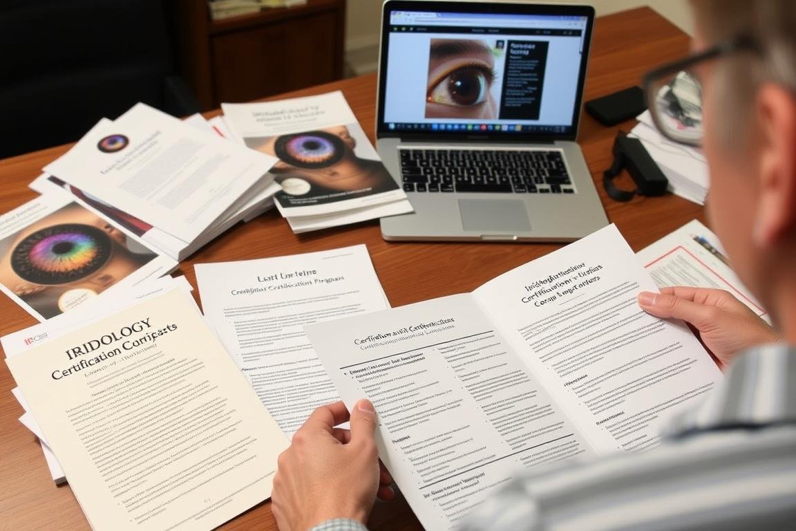 Student reviewing different iridology certification program materials to make an informed choice