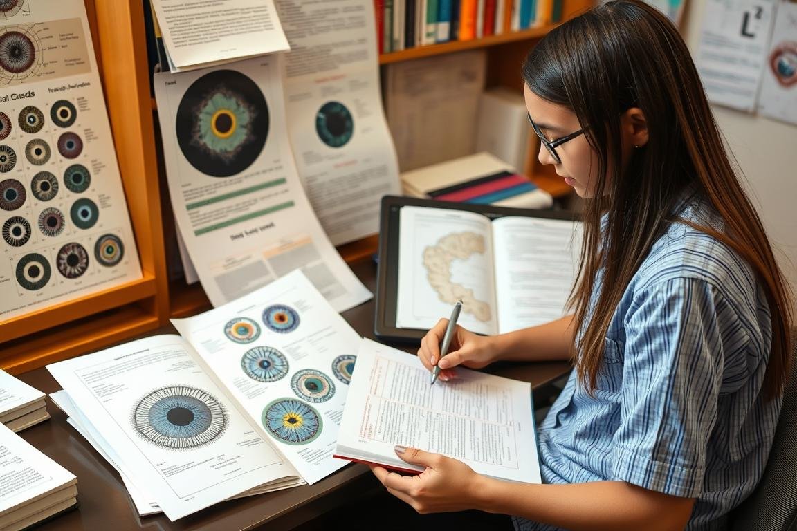 Student studying iridology charts and materials for iridology certification