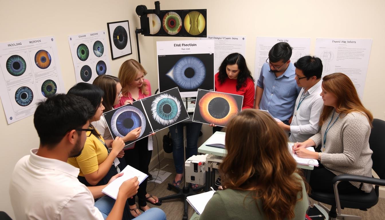 Students in an iridology certification class examining iris photographs