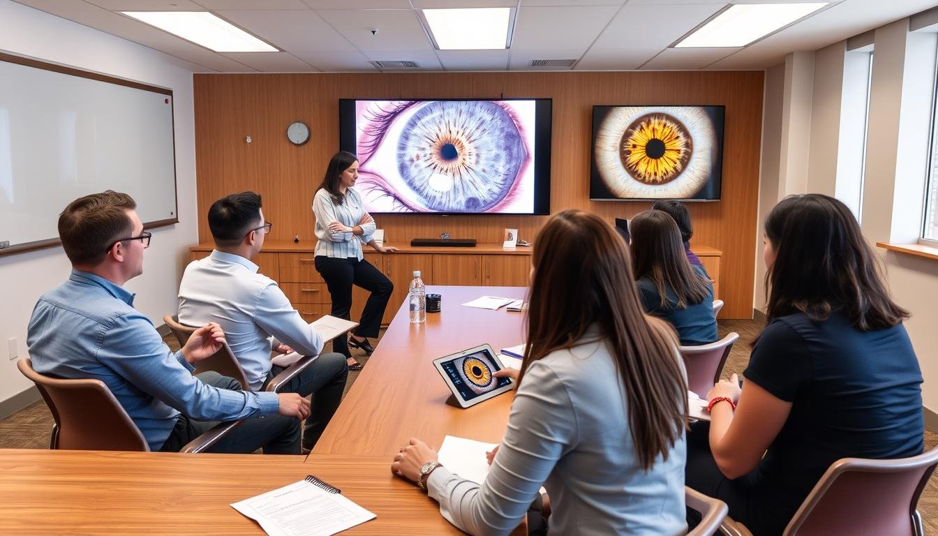 Students learning iridology techniques in a classroom setting