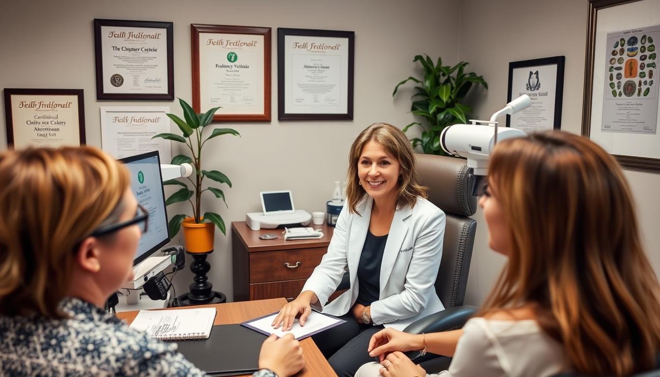 Successful iridologist with certification working in a professional wellness clinic