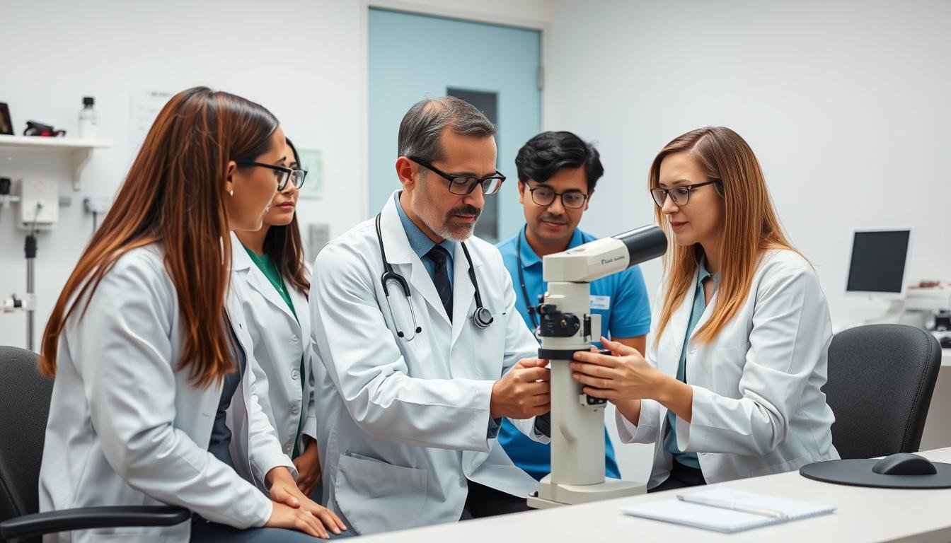 Team of eye care professionals including ophthalmologist, optometrist, and technicians in a modern clinic