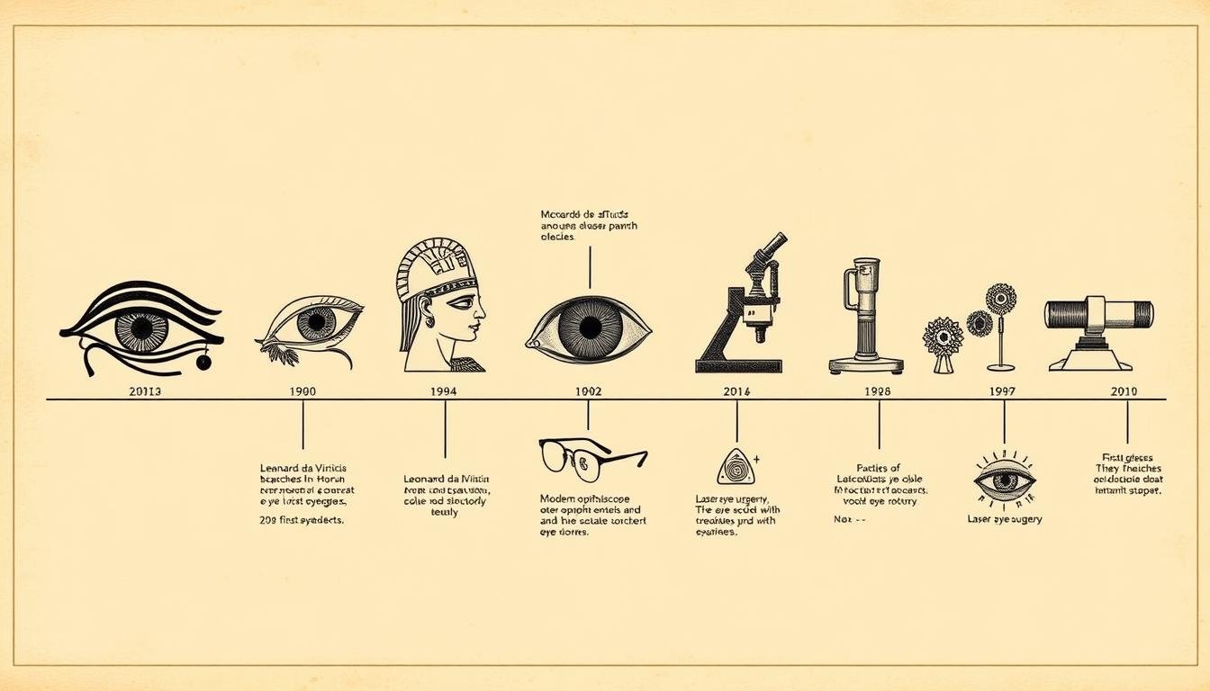 Timeline showing major historical developments in the study of eyes