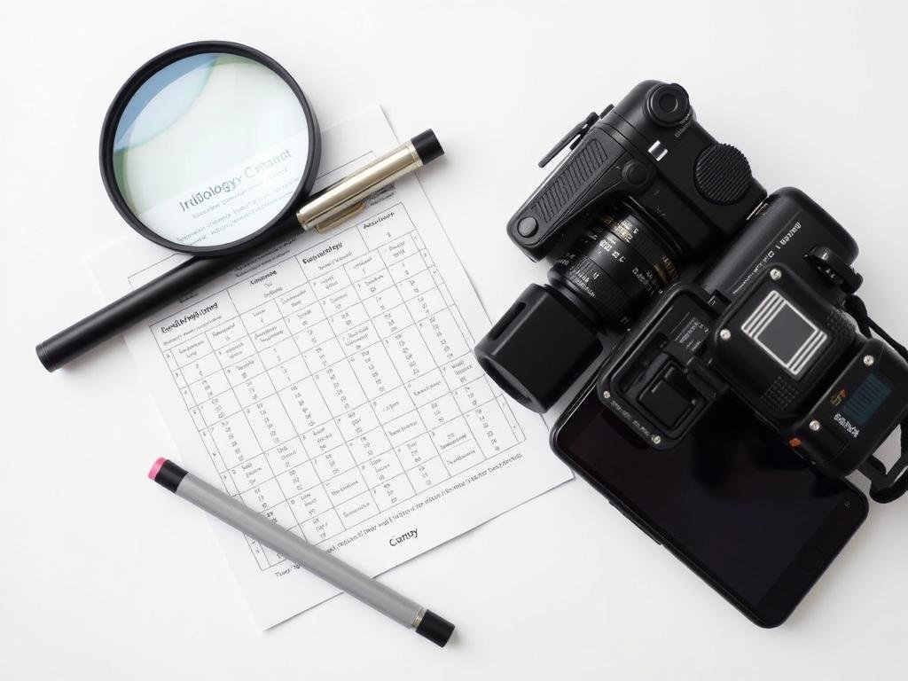 Tools needed for iridology analysis including magnifying glass and chart