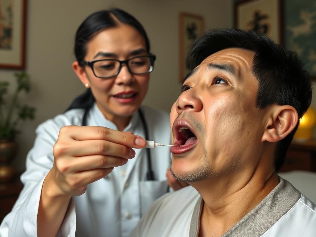 Traditional Chinese Medicine practitioner examining a patient's tongue