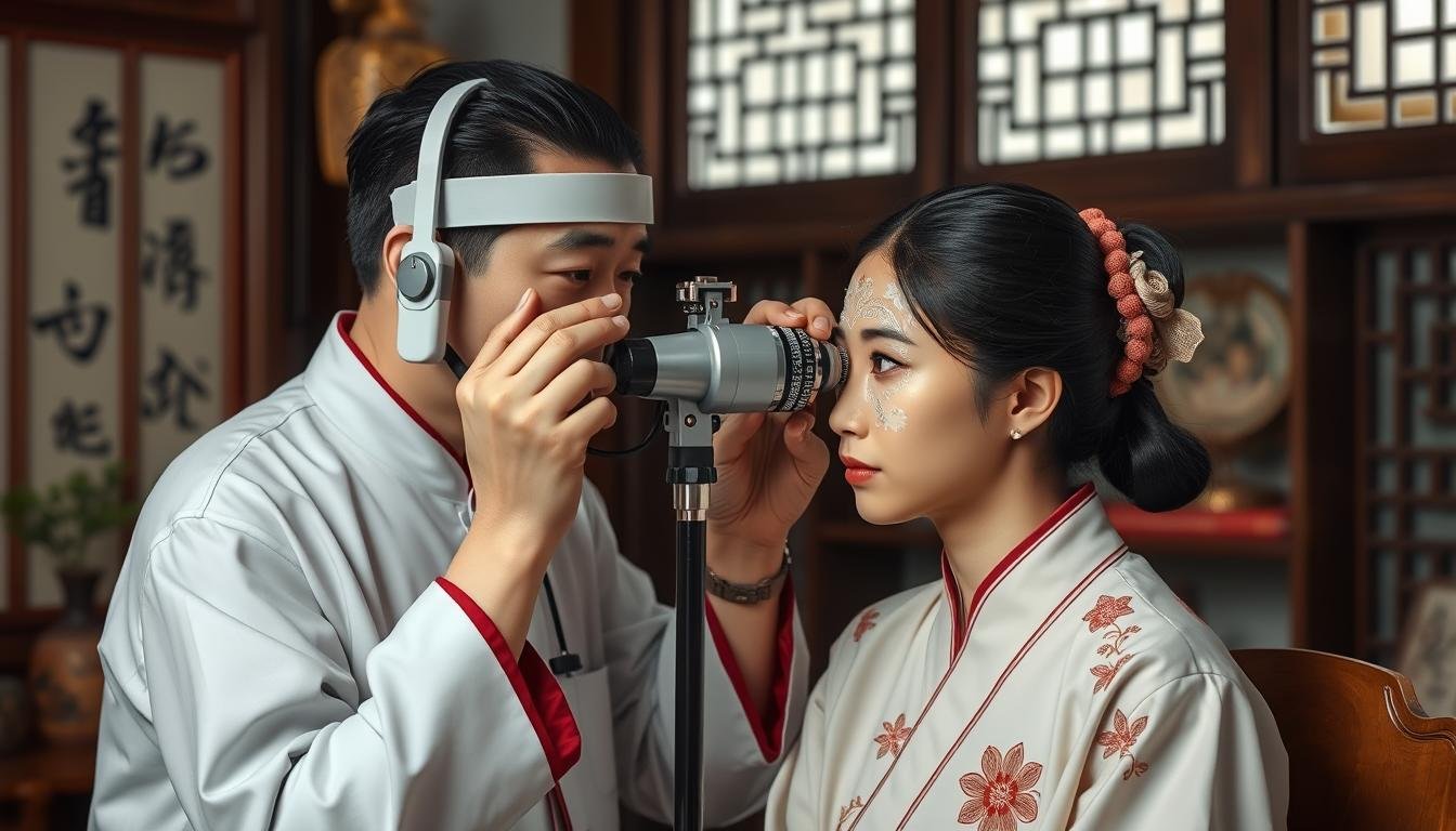 Traditional Chinese eye reading practitioner examining a patient