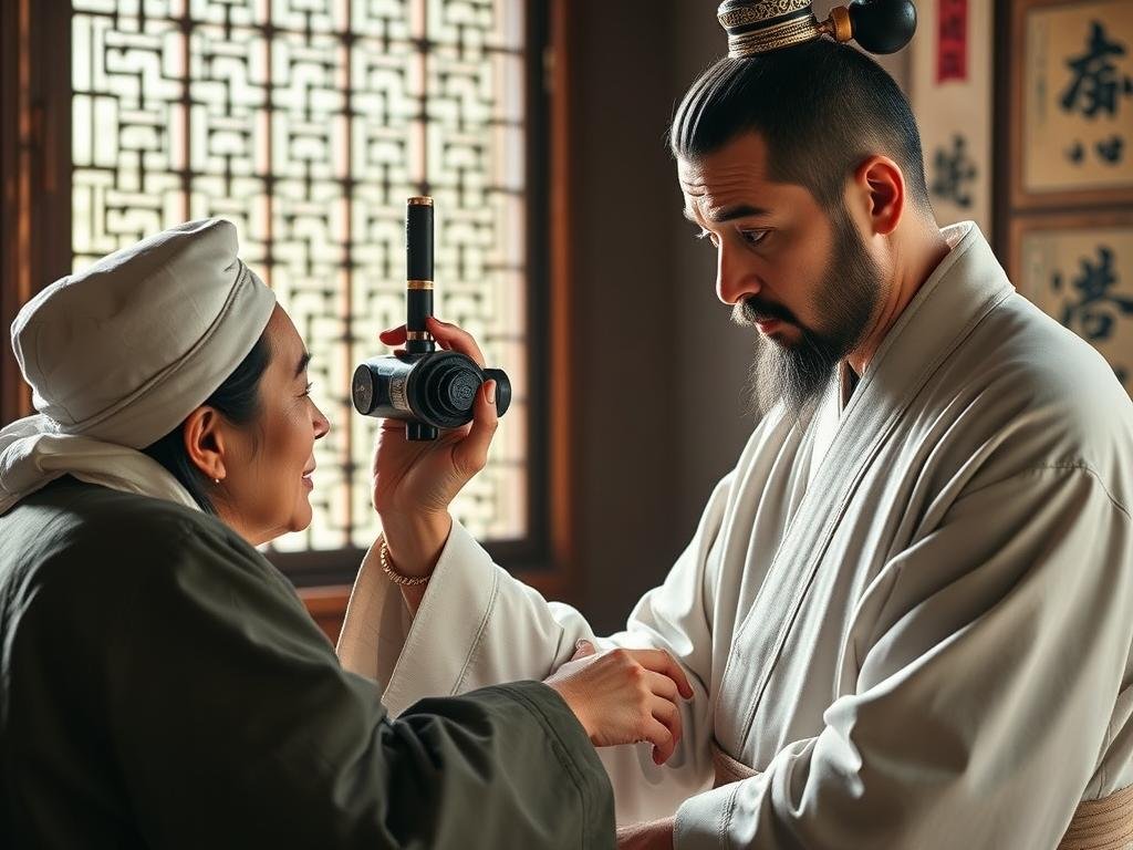Traditional Chinese medicine practitioner examining a patient's eyes