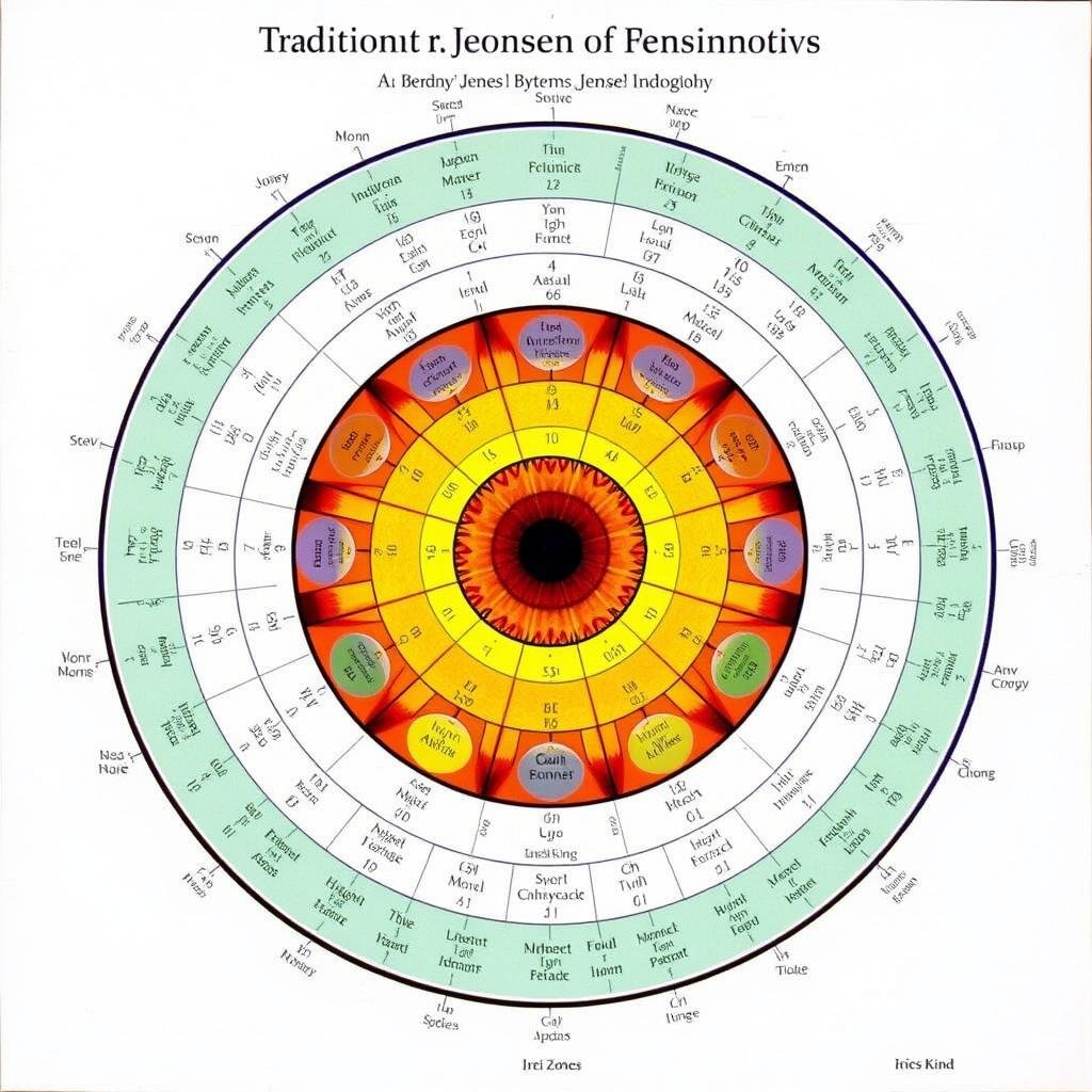 Traditional Jensen iridology chart showing iris zones and corresponding body systems