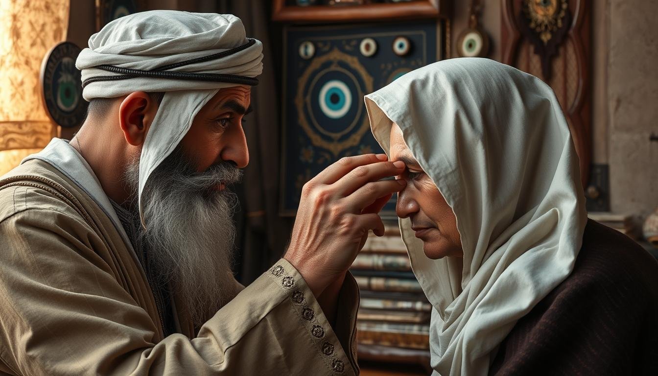 Traditional Middle Eastern eye reading with protective amulets visible