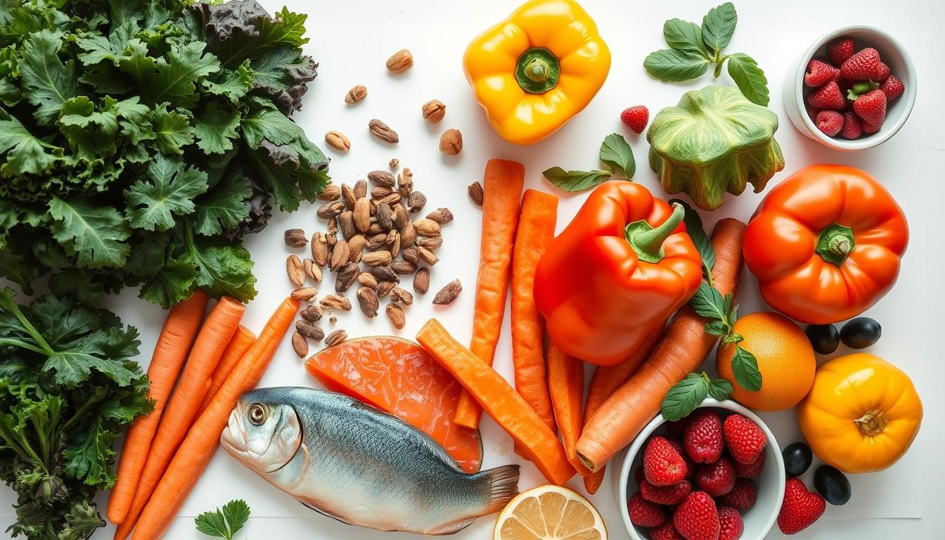 Variety of foods beneficial for eye health including leafy greens, fish, and colorful vegetables