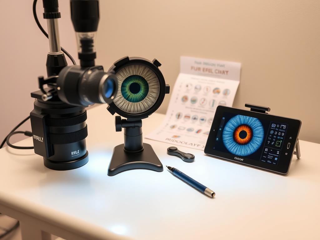 Various equipment used during an iridology session including magnifying tools and camera