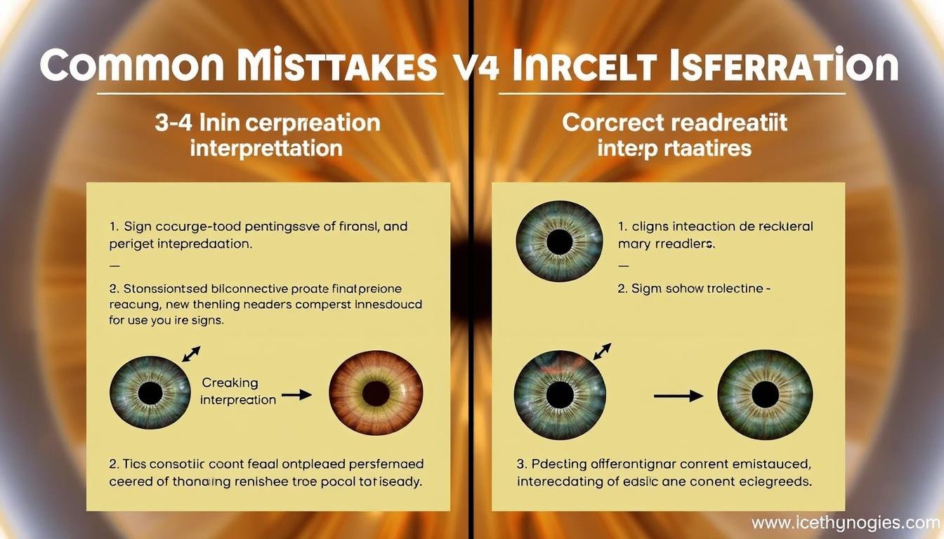 Visual guide showing common misinterpretations of iridology charts compared to correct readings