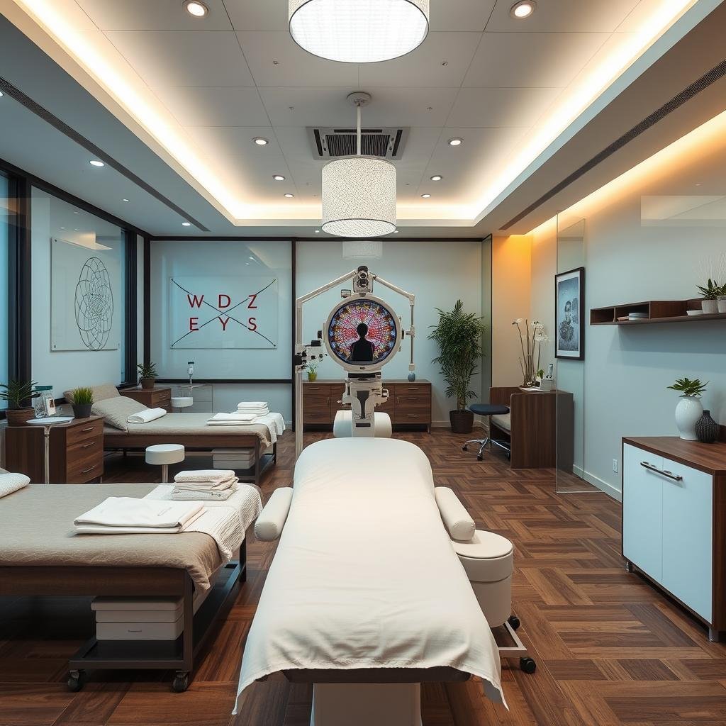 Wellness center featuring an iridology station among other holistic services