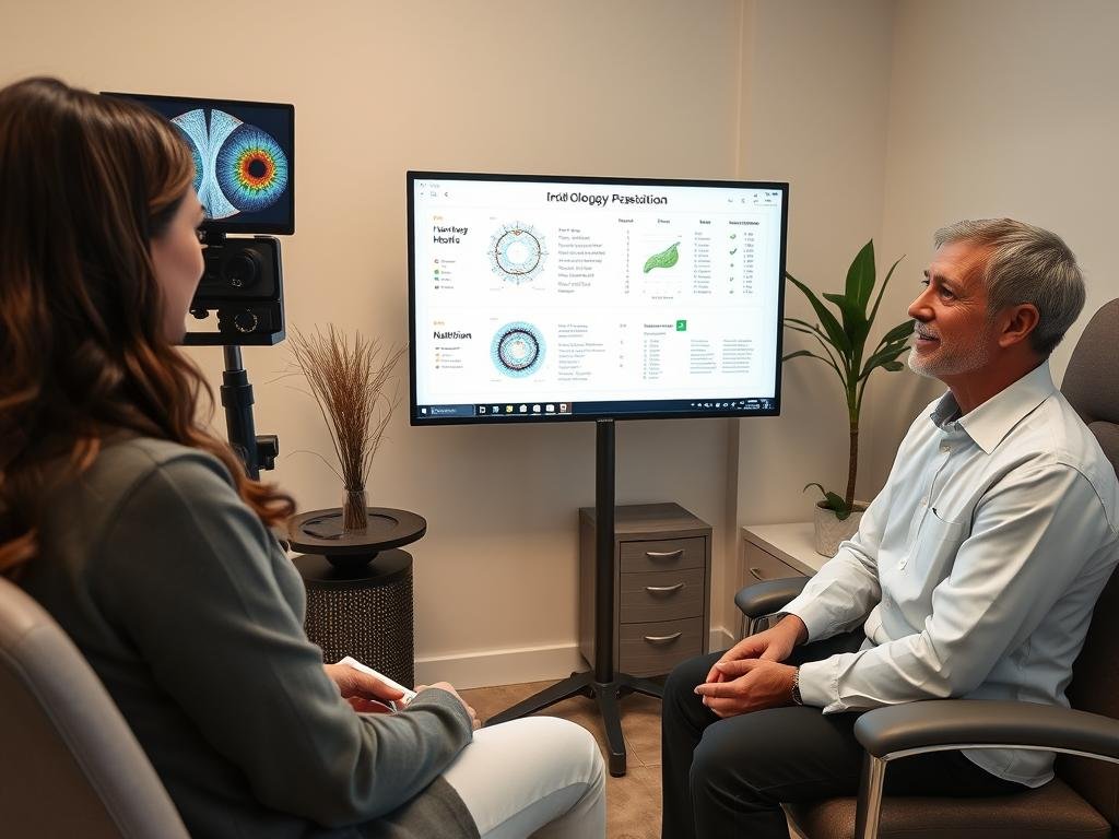 Wellness practitioner discussing iridology findings with a client Wellness practitioner discussing iridology findings with a client