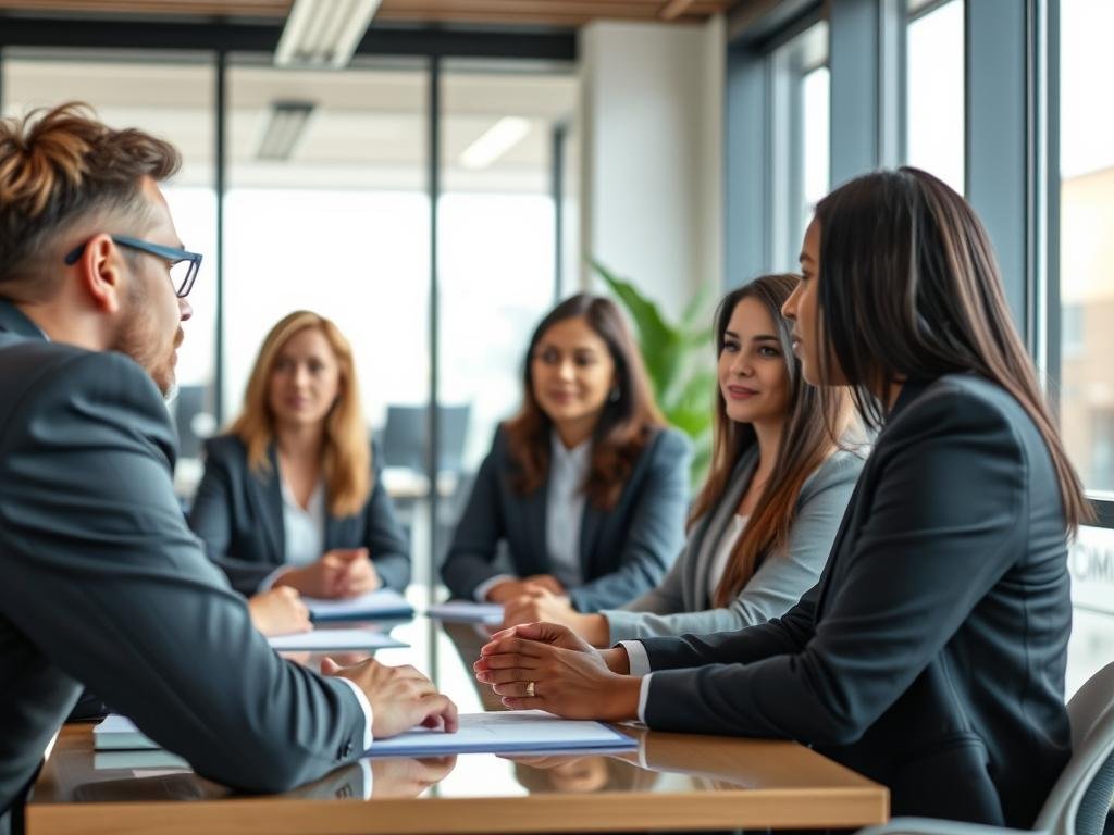 Western business meeting with direct eye contact between participants