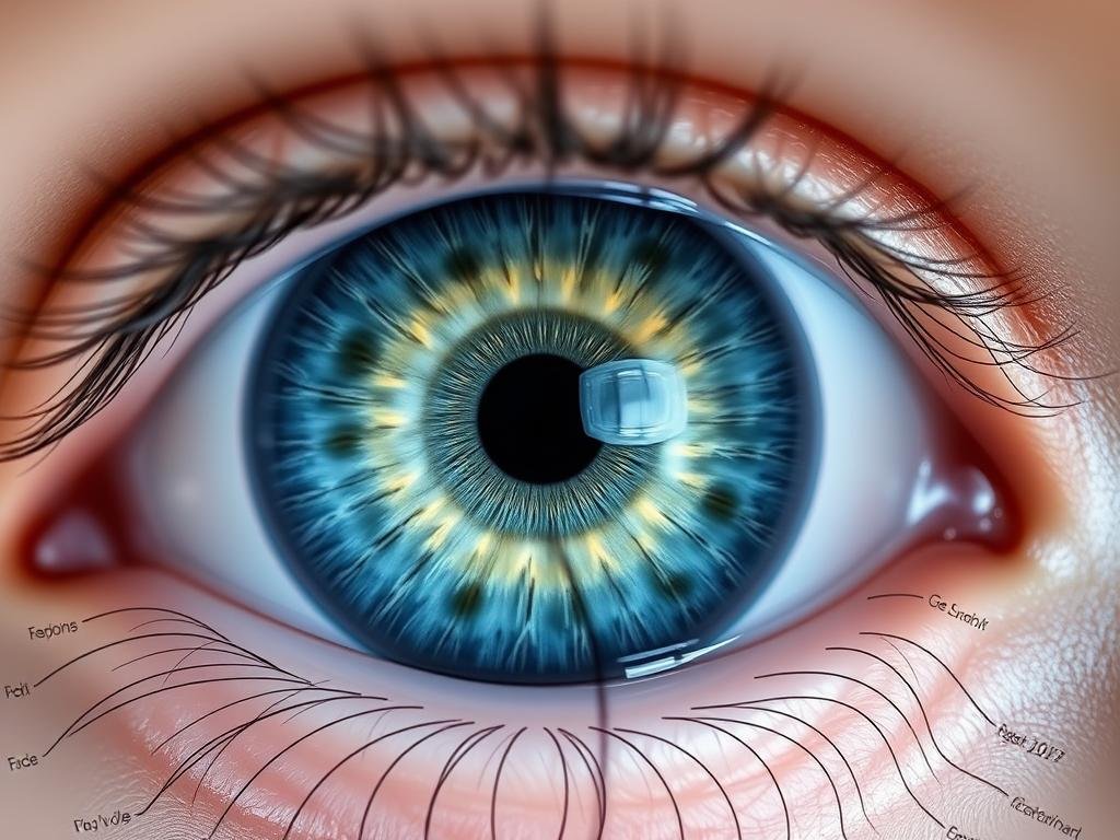 close-up of child's iris showing specific markings with iridology chart overlay