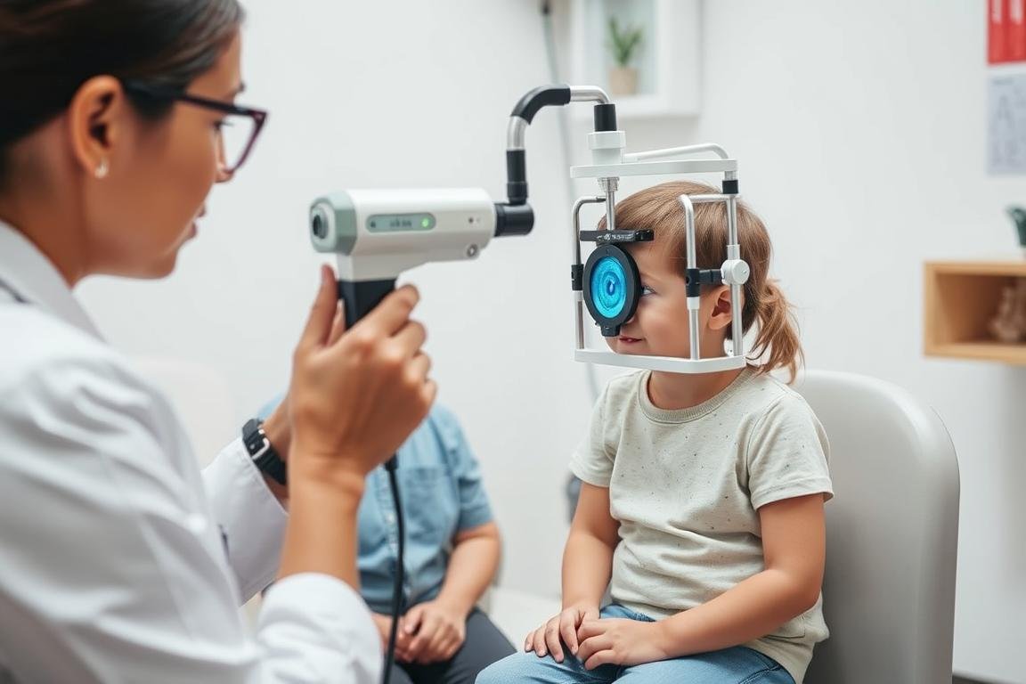 iridologist examining a child's iris with specialized equipment