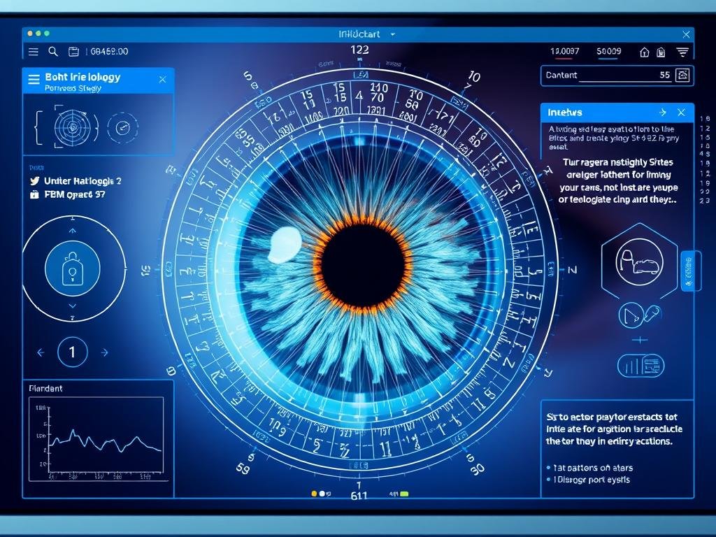 AI software analyzing iris patterns against digital iridology chart