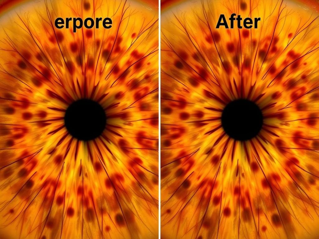 Before and after comparison of iris images using digital enhancement software Before and after comparison of iris images using digital enhancement software