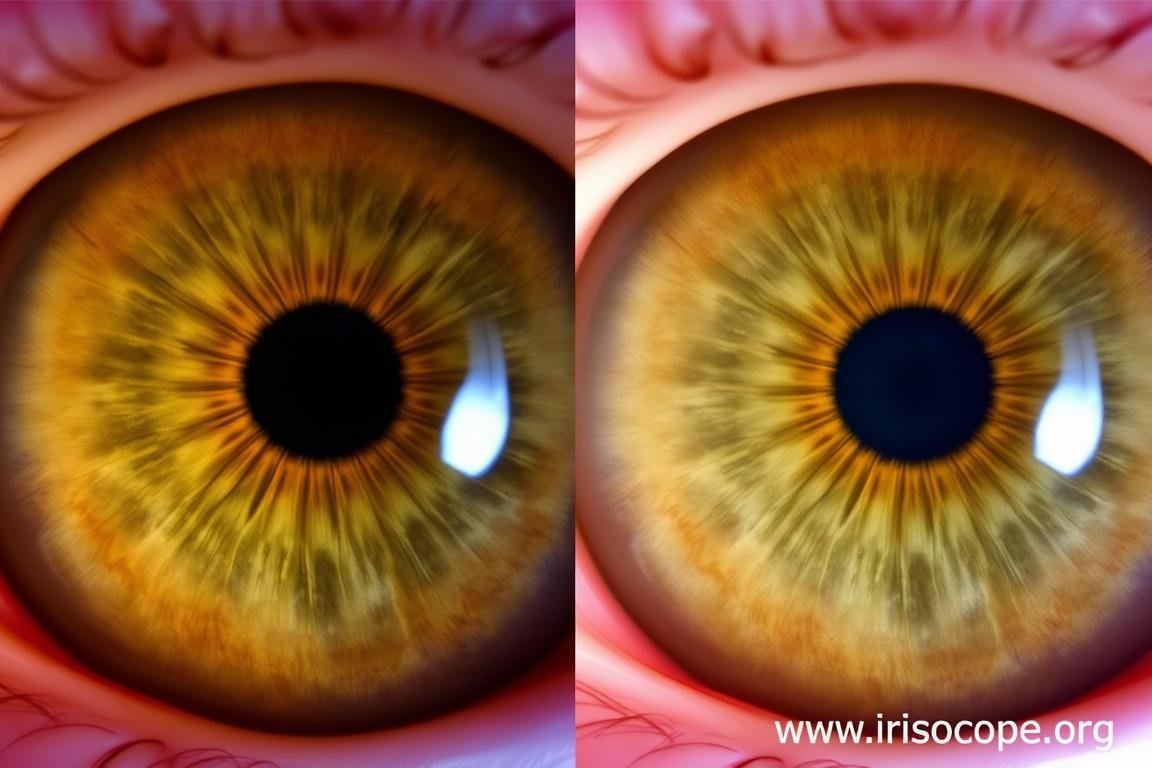 Before and after iris comparison showing health improvements Before and after iris comparison showing health improvements