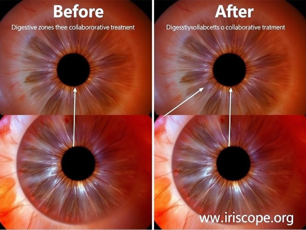 Before and after iris images showing healing of digestive zone Before and after iris images showing healing of digestive zone