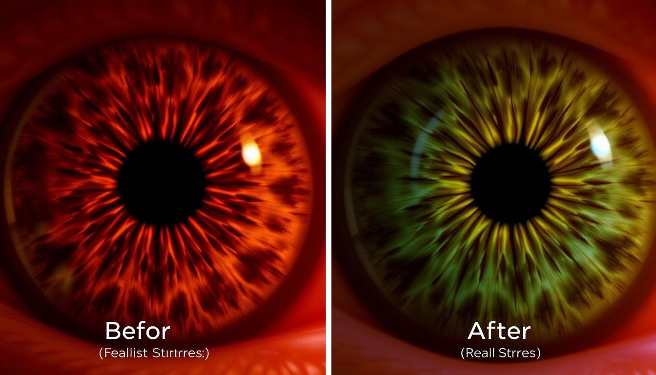 Before and after iris images showing stress recovery progress through Iridology Iris Diagnosis