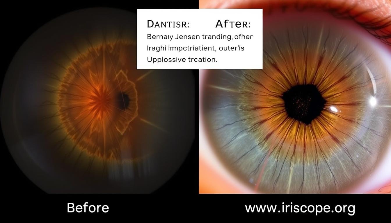 Before and after iris photographs from Jensen's case documentation showing treatment response