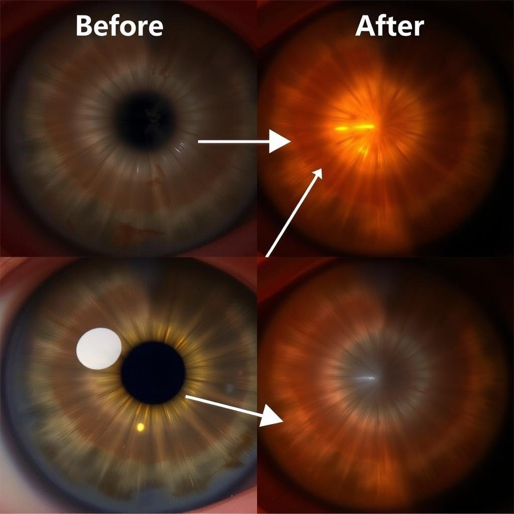 Before and after iris photographs showing changes following personalized health interventions