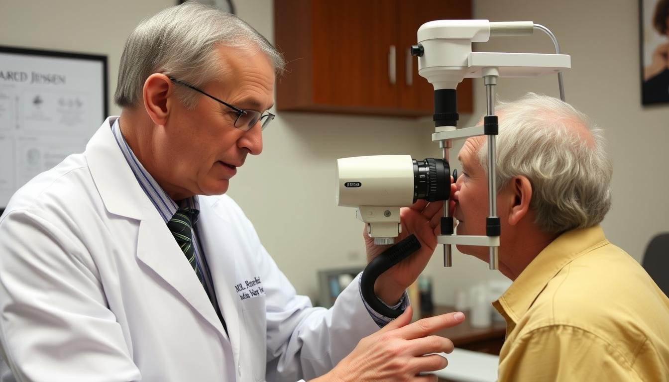 Bernard Jensen examining a patient's iris with an iridology camera Bernard Jensen examining a patient's iris with an iridology camera