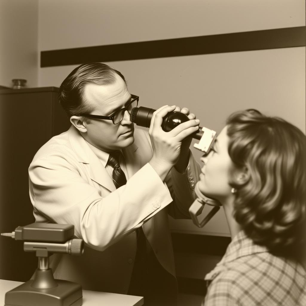 Bernard Jensen examining a patient's iris with an iridology equipment Bernard Jensen examining a patient's iris with an iridology equipment
