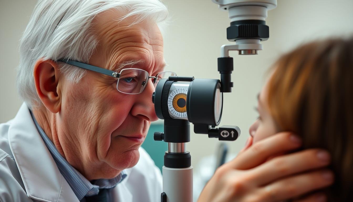 Bernard Jensen examining an iris with specialized equipment