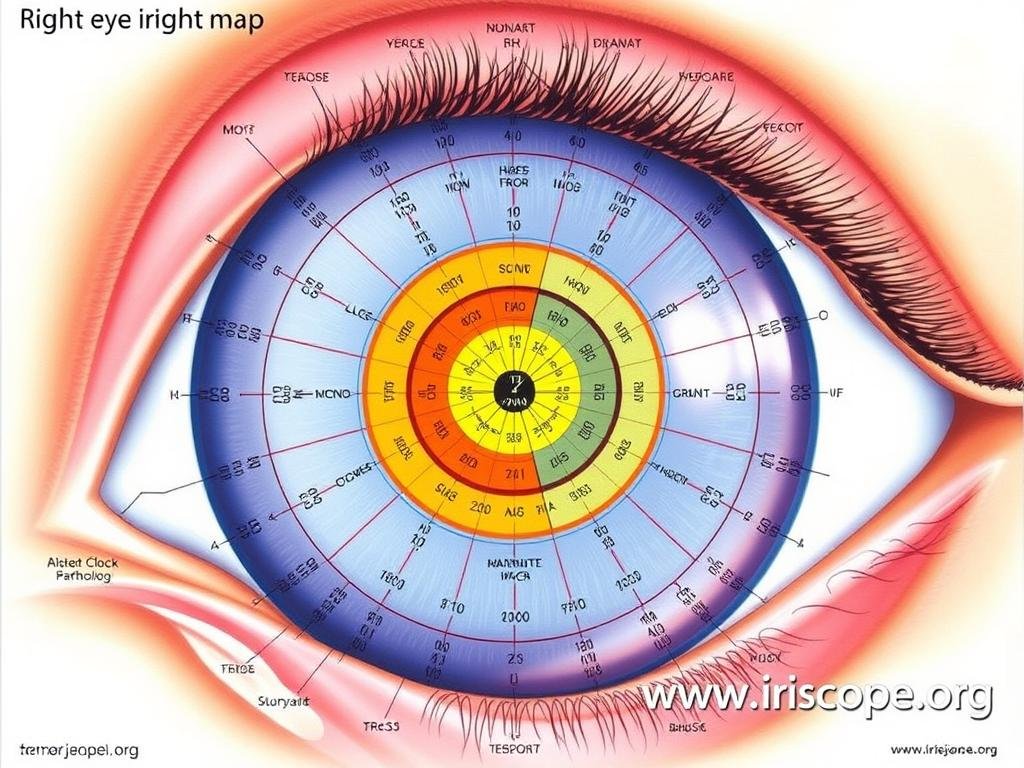 Bernard Jensen's right eye iridology map with detailed organ correspondences Bernard Jensen's right eye iridology map with detailed organ correspondences