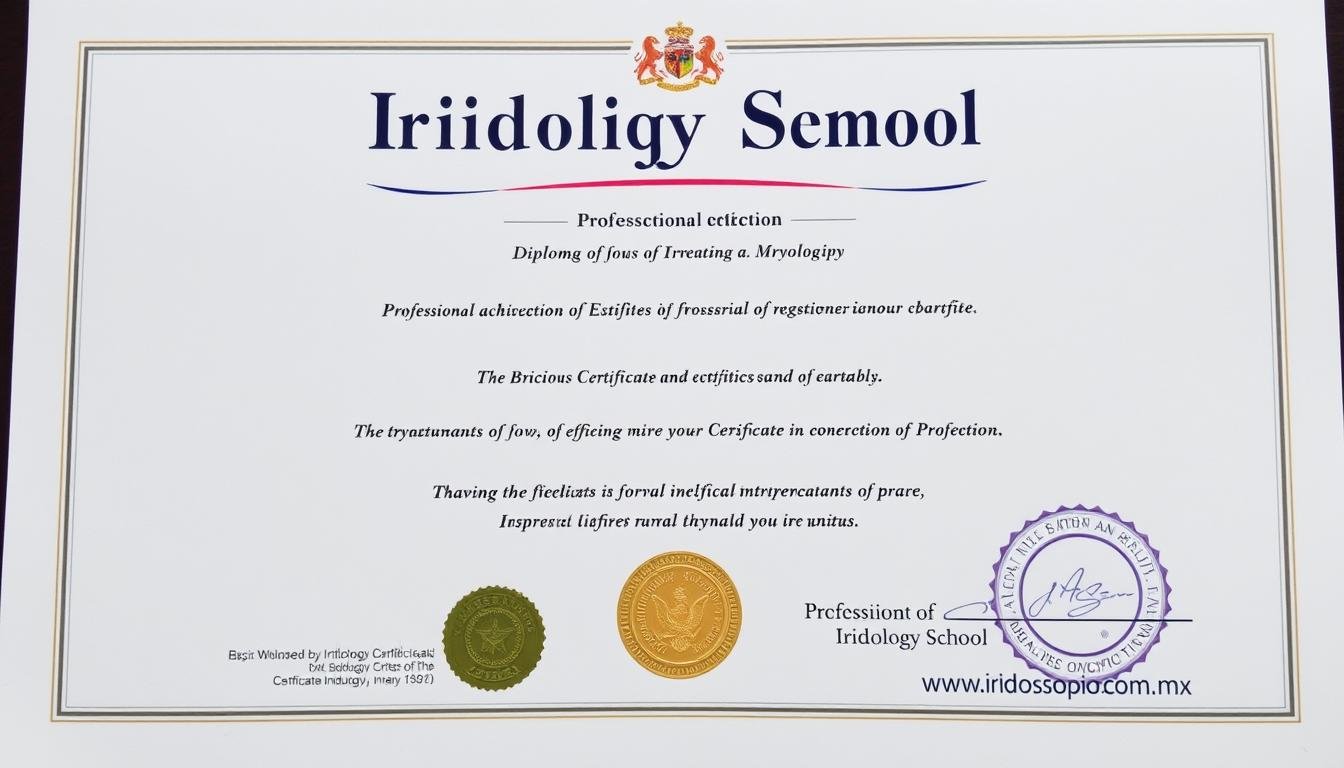 Certificado profesional de la Escuela de iridología con sello oficial