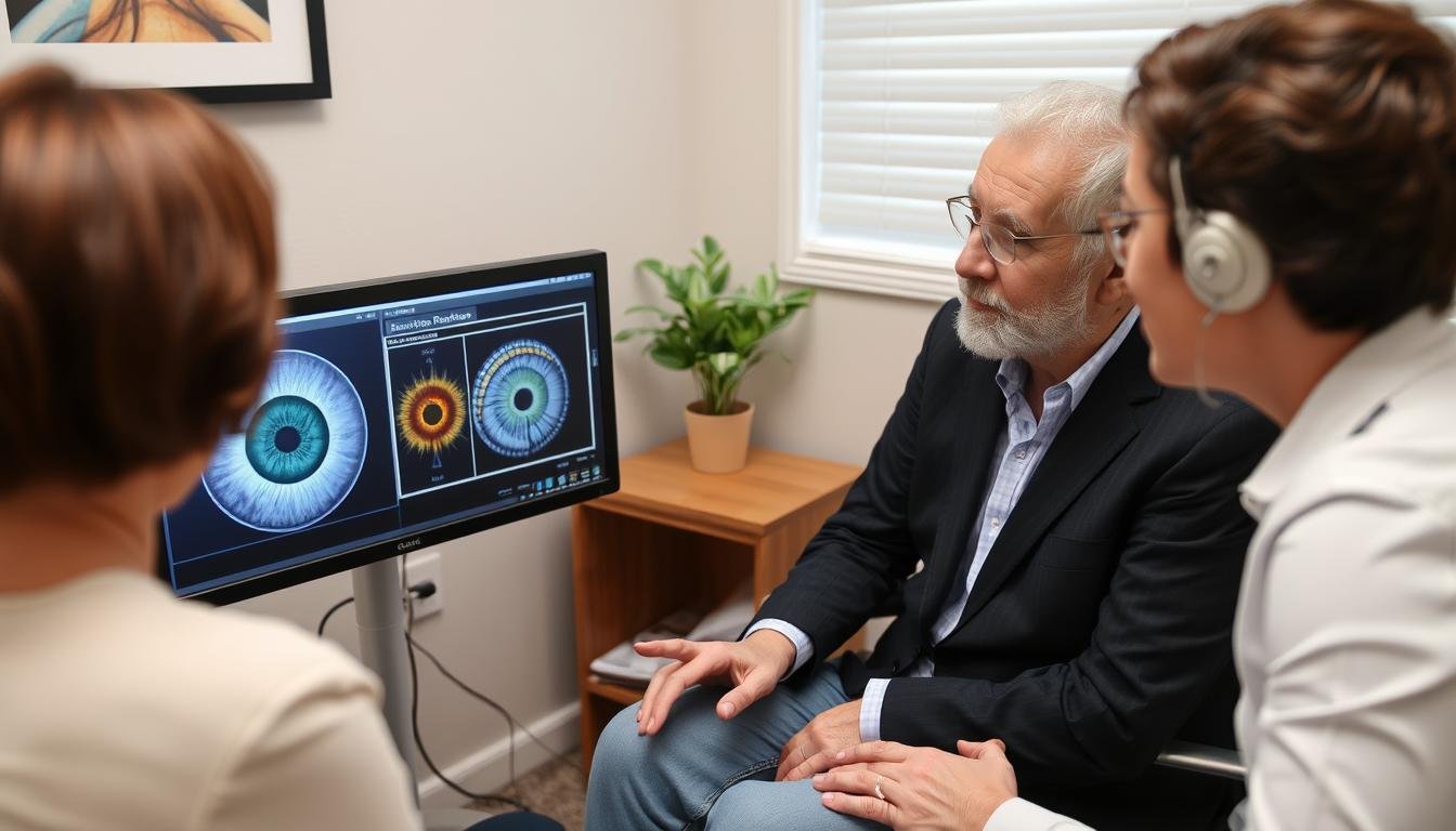 Client and iridologist reviewing iris analysis results together Client and iridologist reviewing iris analysis results together