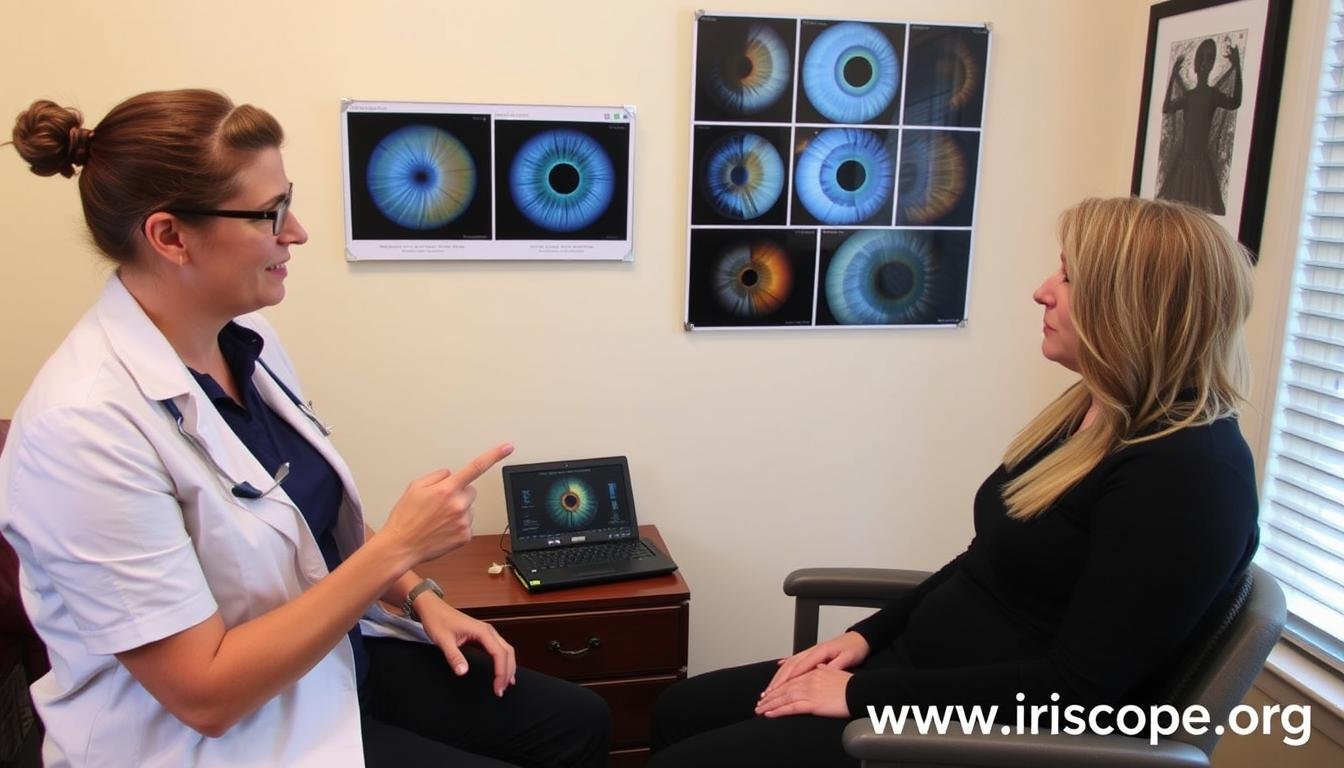Client discussing iridology findings with a practitioner in a consultation setting Client discussing iridology findings with a practitioner in a consultation setting