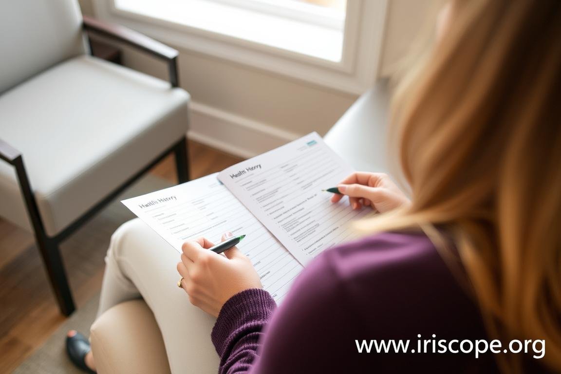 Client preparing for an iridology appointment by completing intake forms Client preparing for an iridology appointment by completing intake forms