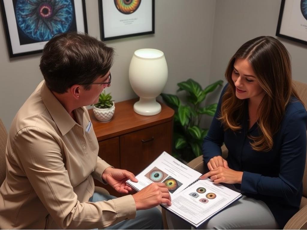 Client receiving personalized iridology chart analysis results