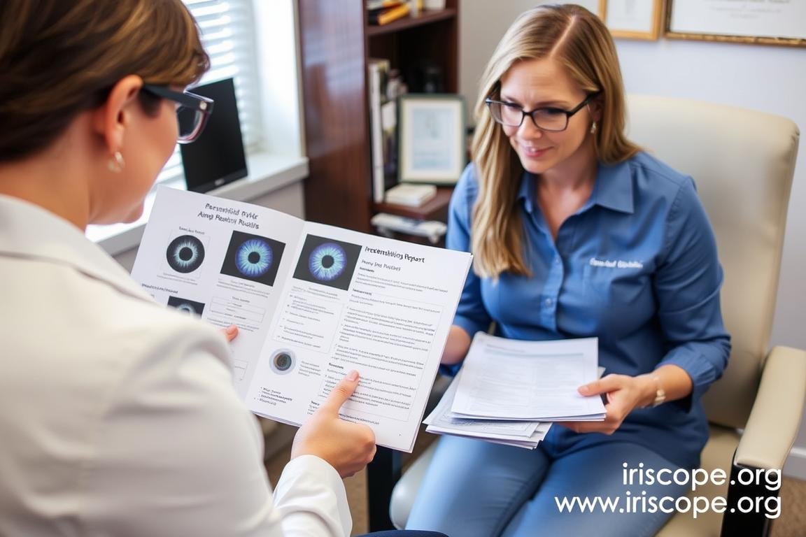 Client receiving personalized iridology report and recommendations Client receiving personalized iridology report and recommendations
